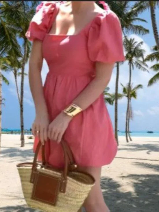 NWT ZARA Salmon Pink Square Neck Linen Puff Sleeve Bow Tie Back Mini Dress XL - Picture 2 of 11